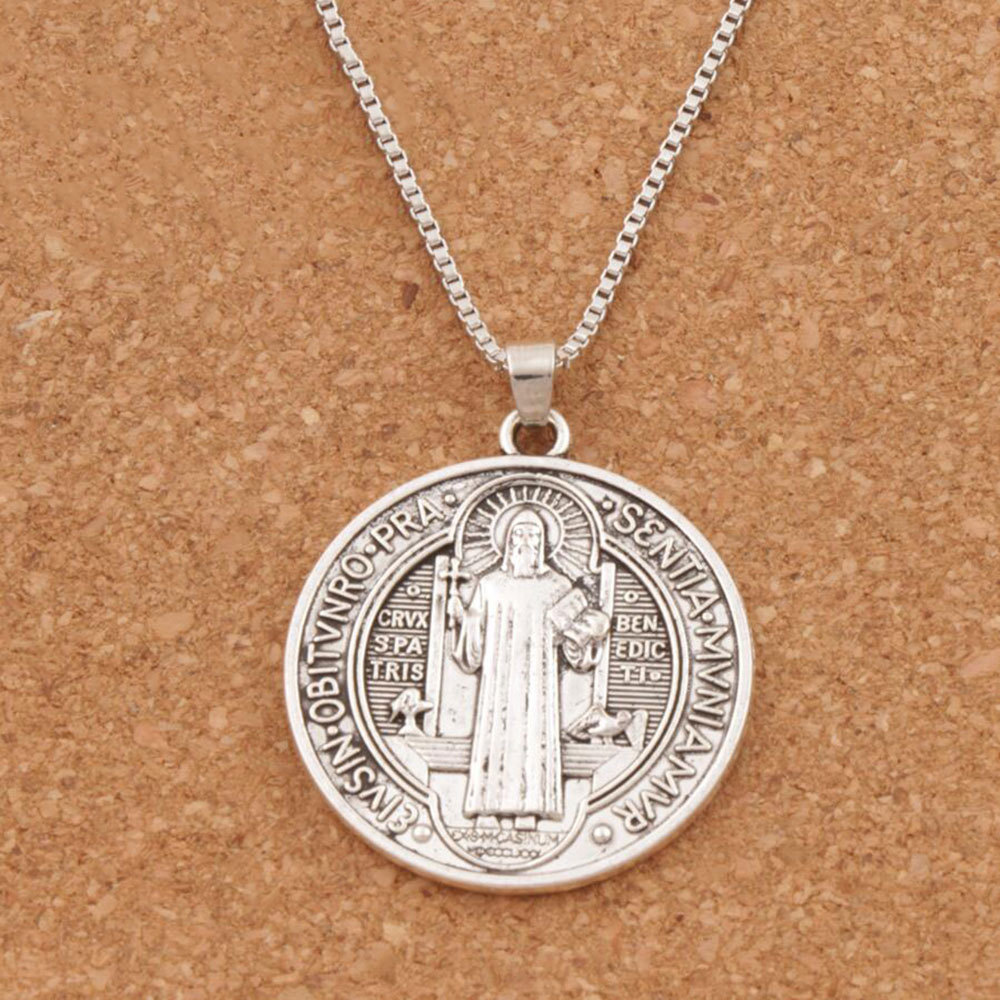 Saint St Benedict Of Nursia Cross Medal 1 1/4″ Pendant Necklace 24″ Box Chain