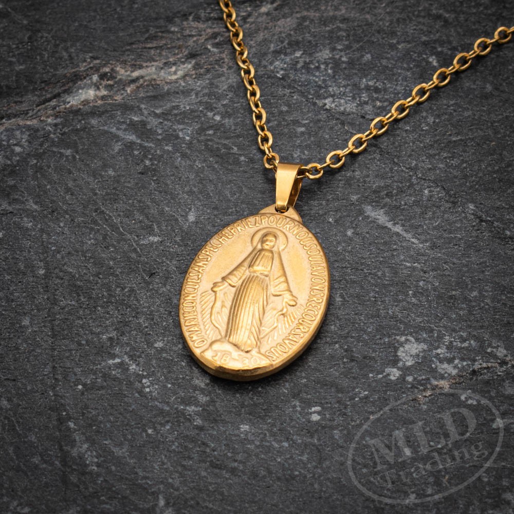 Gold Miraculous Medal Necklace – Stainless Steel Catholic Pendant 18″+2″ Chain