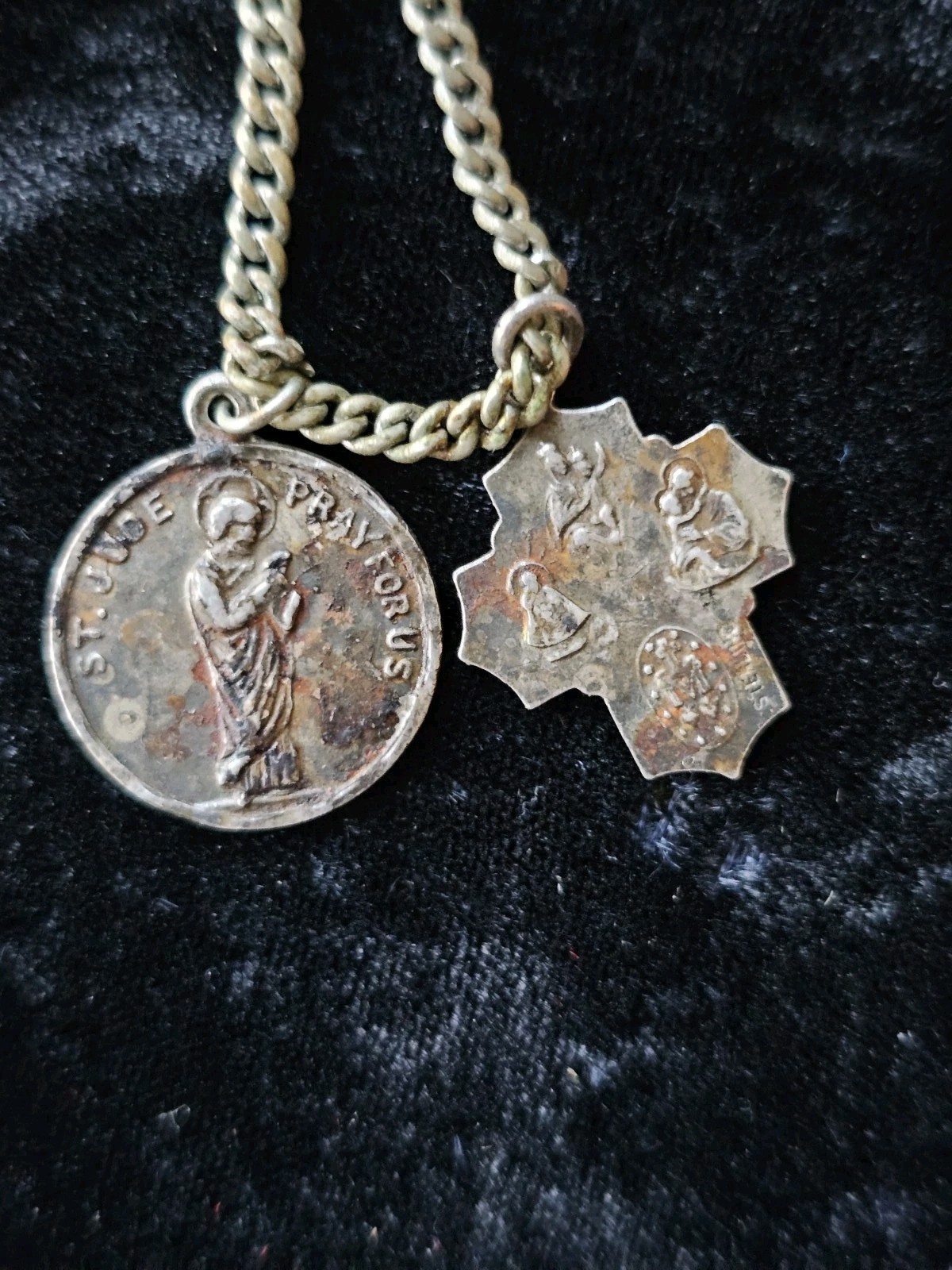 Vtg Sterling Silver .925 Catholic 4Way Protection Cross Pendant St Jude On Chain