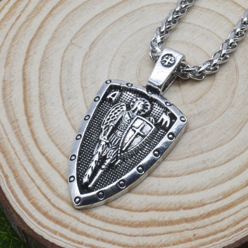 Archangel Saint St Michael Medal Cross Shield Pendant Necklace w 24″ Spiga Chain