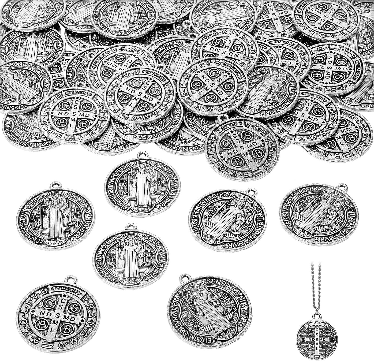 St Benedict Medals 1.38 x 1.22 Inch Metal Saint Pendant Silver Toned Saint Bened
