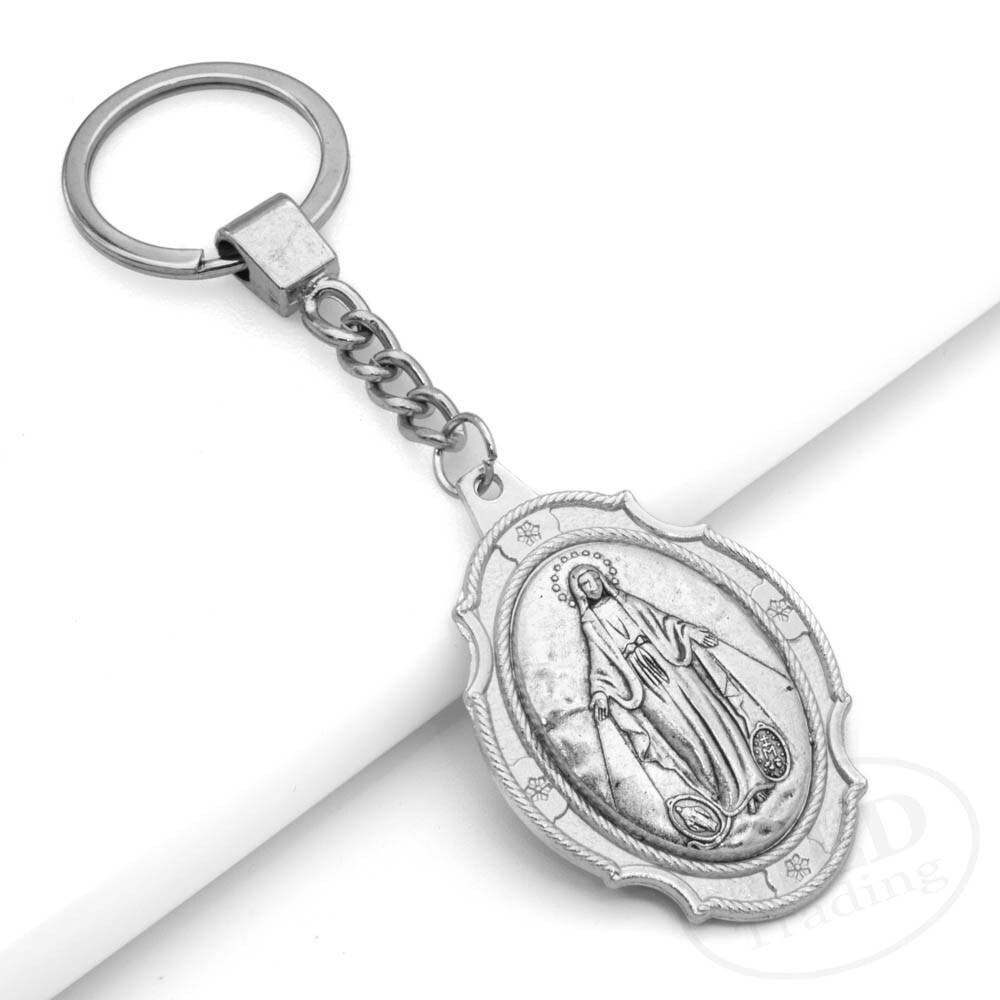 Miraculous Medal Keychain Large Silver Pendant Zinc Alloy Religious Key Ring