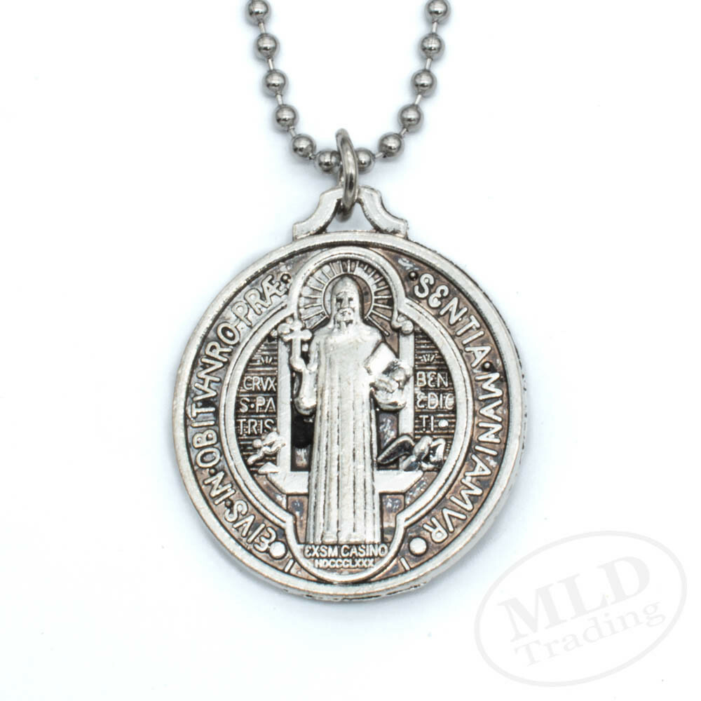 Jesus Crucifix Saint St Benedict Medal Pendant Necklace 1-1/4″ w 24″ Ball Chain