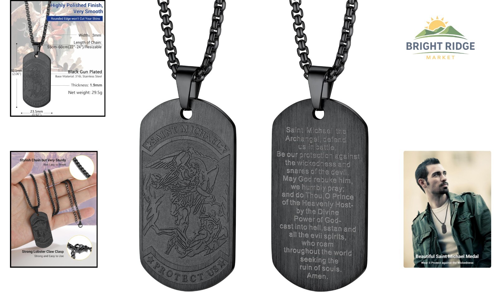 Men’s Black Plated St. Michael Necklace with Box Length 22-24 Inches
