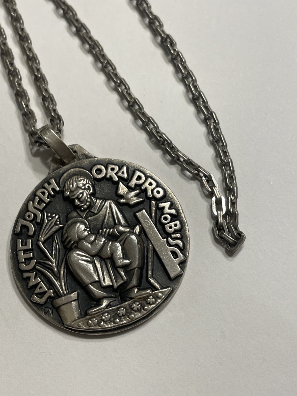 St Joseph Large Medal – Sterling Silver Antique Replica 24” Necklace Pendant