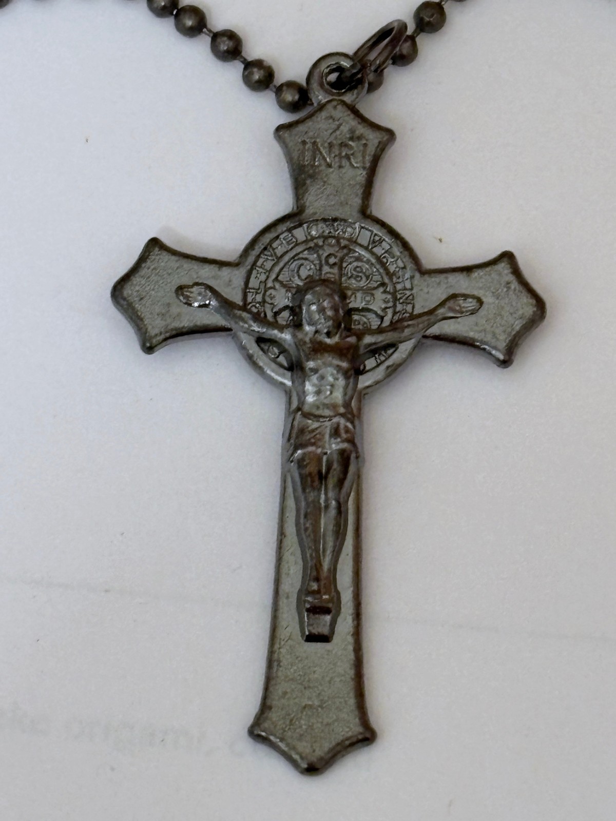Gun Metal St Benedict Italian Crucifix Pendant w 30″ Gunmetal Beaded Ball Chain