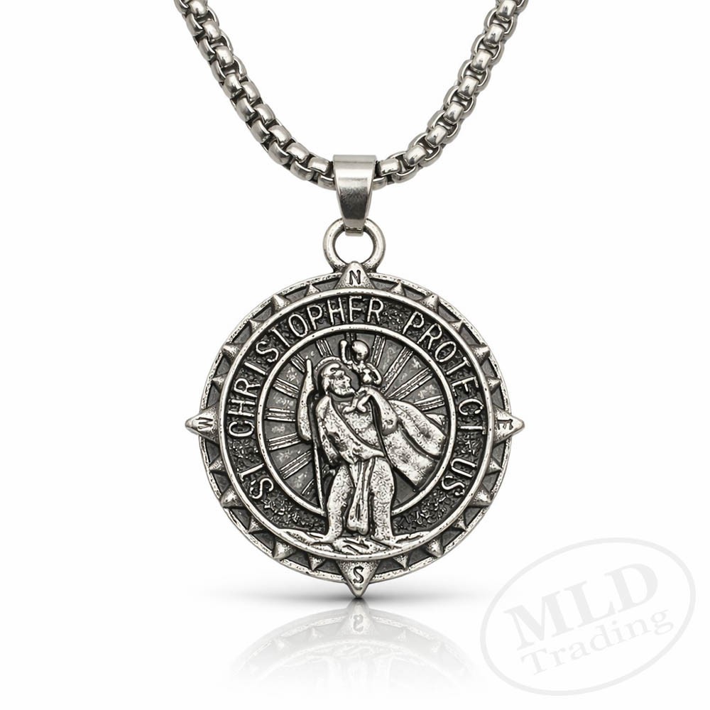 Saint St Christopher Medal Necklace – Detailed Compass Style Pendant 24” Chain
