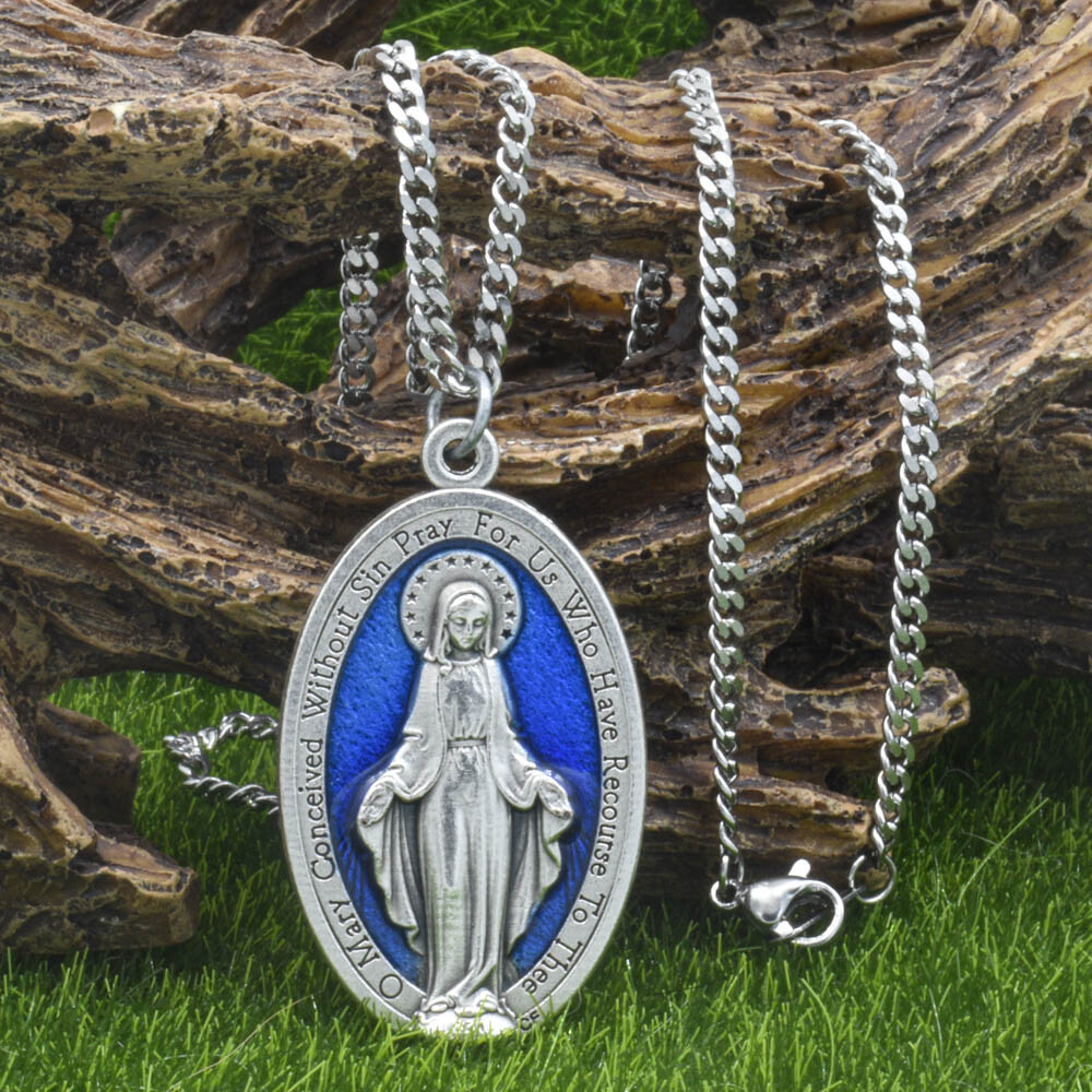 Large 1 3/4″ Blue Miraculous Medal Mary Pendant Necklace Italy w 24″ Curb Chain