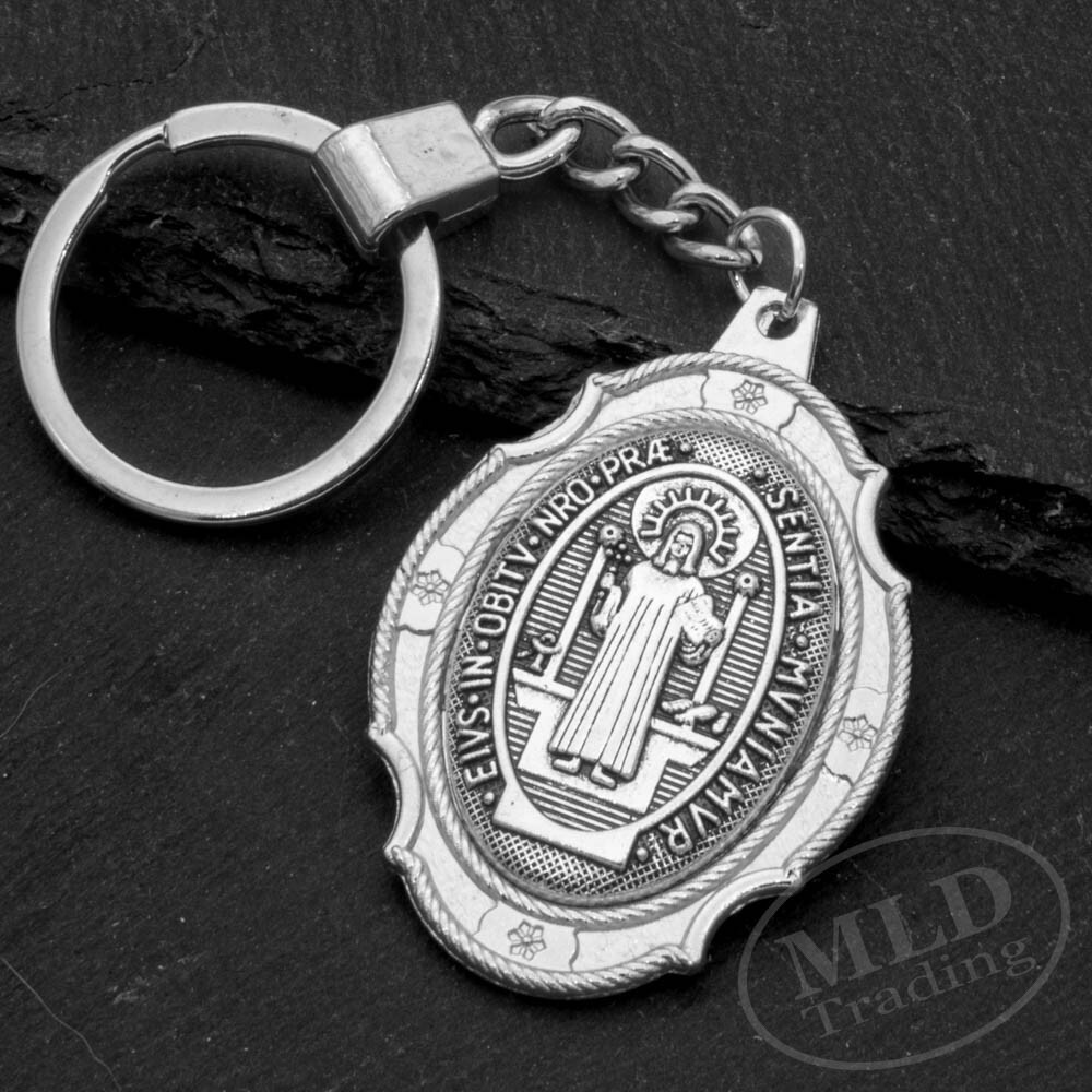 St Benedict Medal Keychain Large Silver Pendant Zinc Alloy Religious Key Ring
