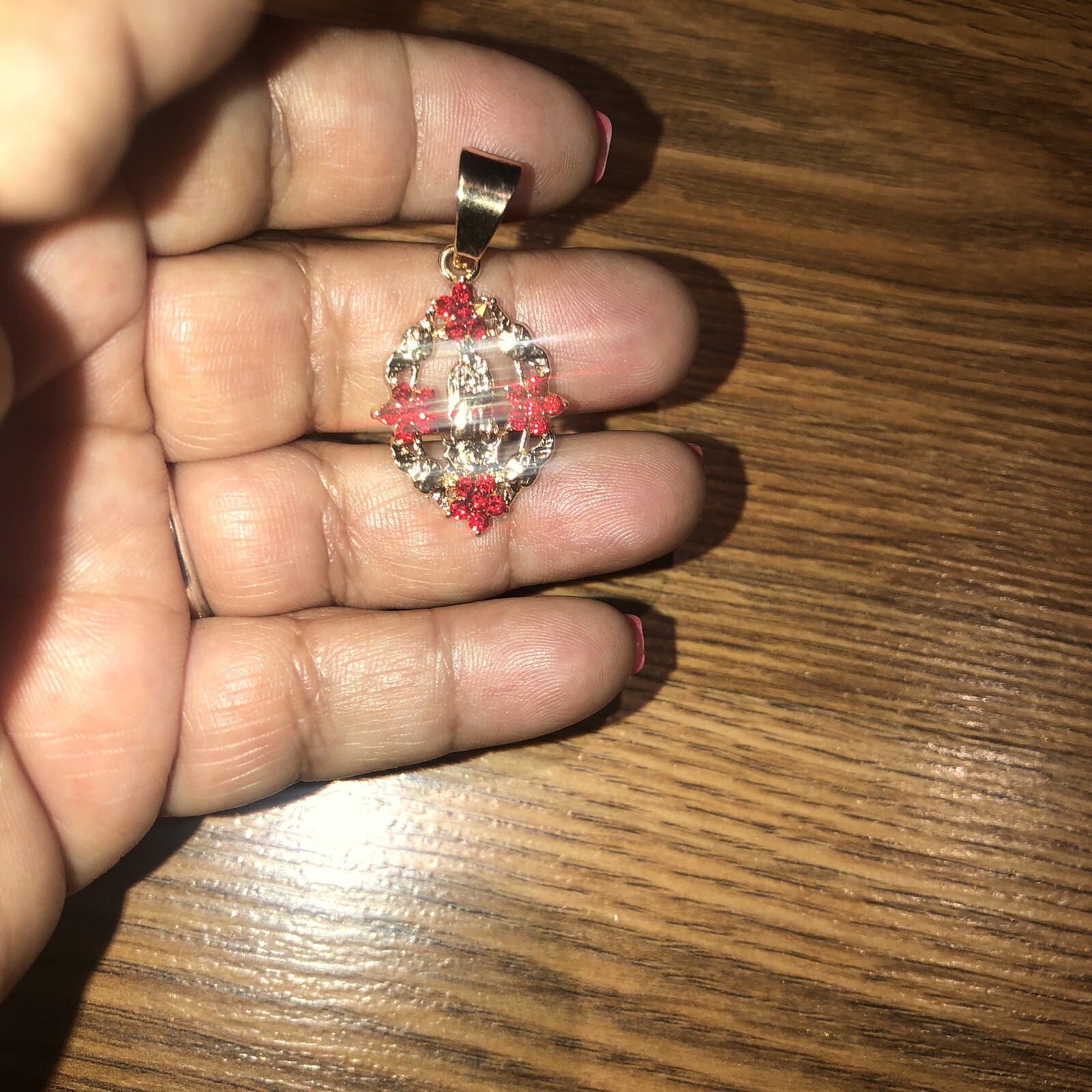 Gold Tone Oval Rhinestone Lady of Guadalupe Virgin Mary Catholic Medal Pendant