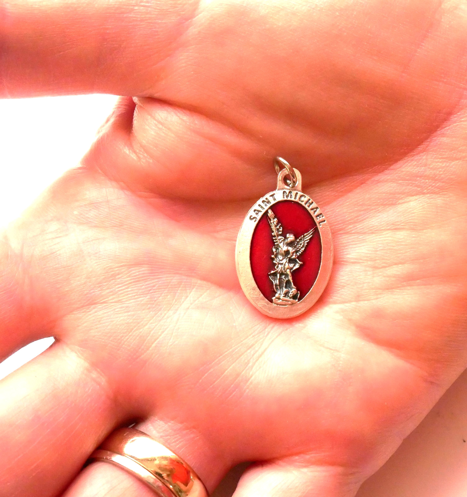 Saint Michael 7/8″ x 5/8″ Silver Tone / Red Medal + FREE Cord -Italy –