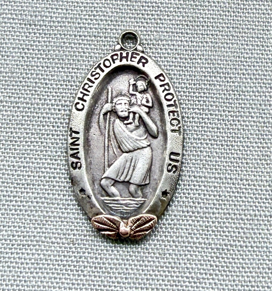 Vintage Small Sterling Silver St Christopher Medal Pendant 10K Gold Landstrom’s