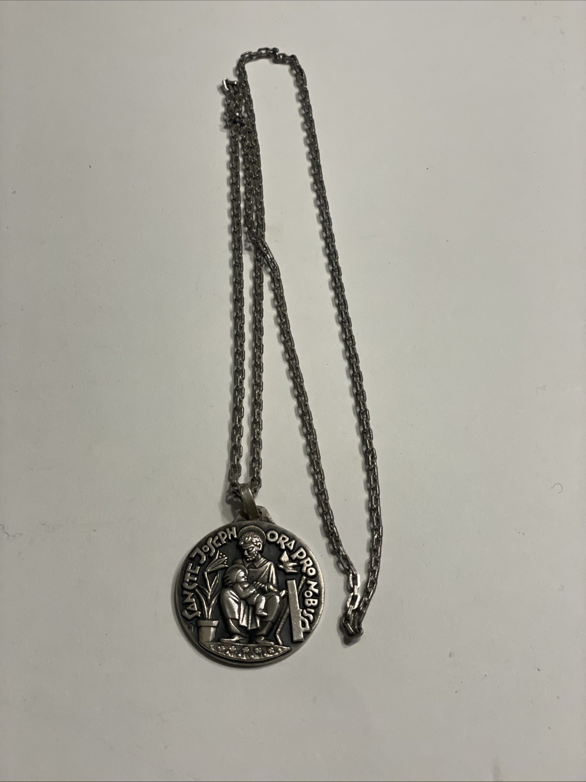 St Joseph Large Medal – Sterling Silver Antique Replica 24” Necklace Pendant