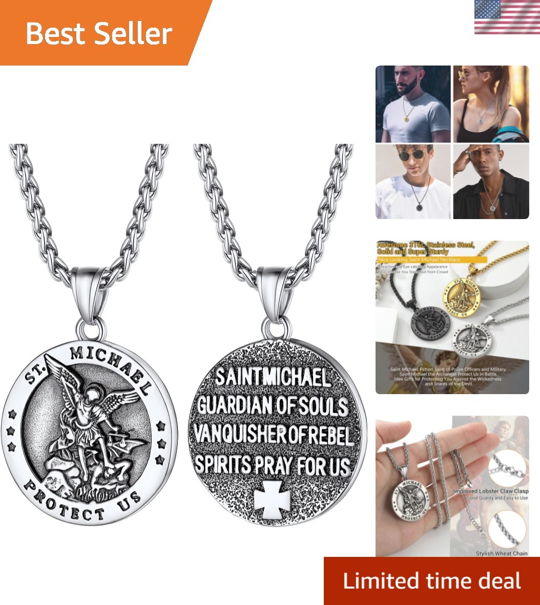 Elegant Saint Michael Medal Necklace for Men – 316L Steel, Adjustable 22-24″