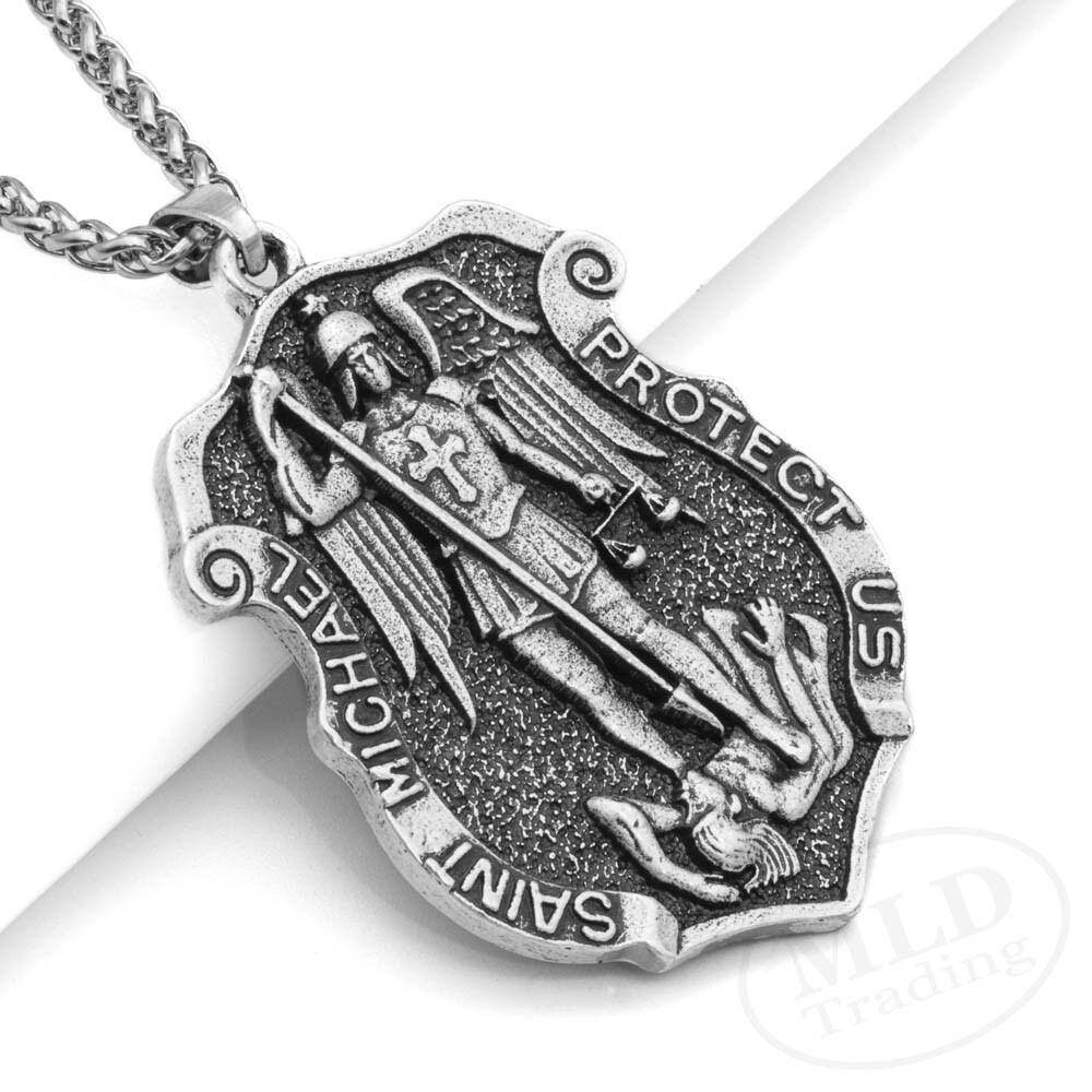 Saint St Michael Medal Shield Pendant Necklace – Zinc Alloy, 22″ Wheat Chain
