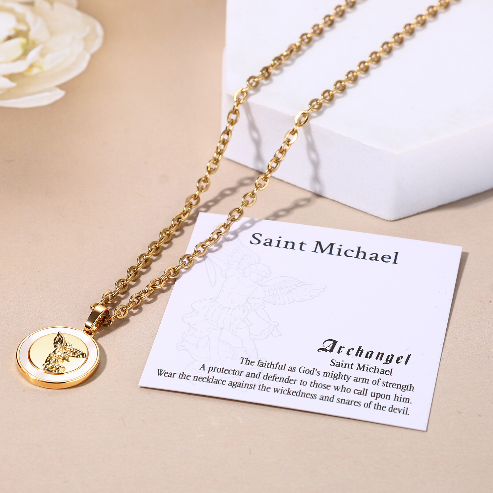 Women Gold Plated Catholic Saint St Michael Medal w Shell Inlaid Charm Necklace