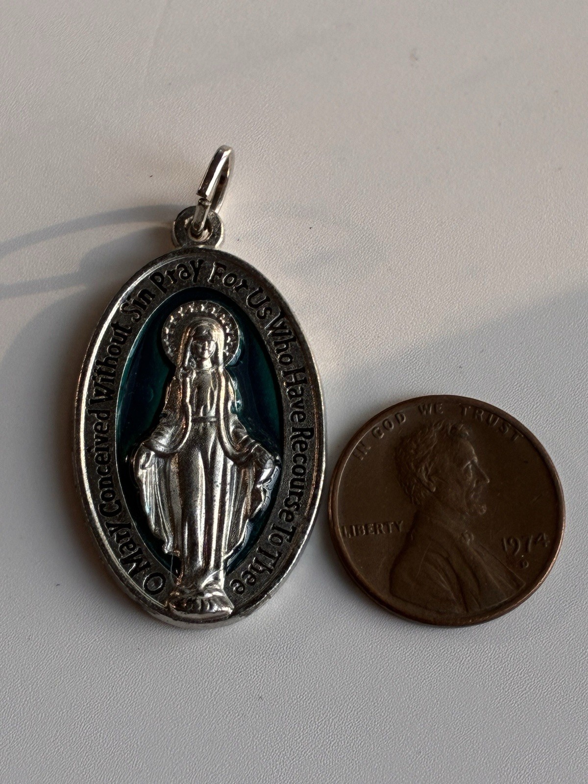 Vintage Catholic Blue Enameled Miraculous Medal Pendant Charm Pray For Us 1.25in
