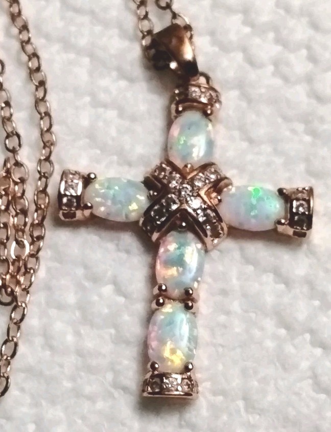 Opal Cross & 20″ Necklace Religious Catholic Christian 18 KT Rose Gold Plated