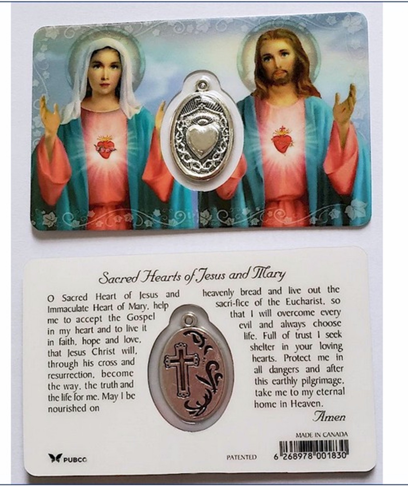 Plastic Sacred Hearts of Jesus and Mary Wallet Prayer Card w/ Medal