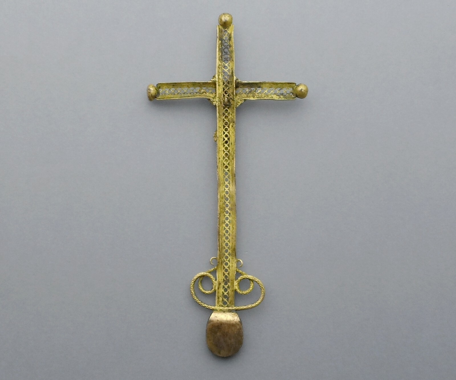 French, Antique Religious Large Brass Cross. Gold Plating Crucifix.