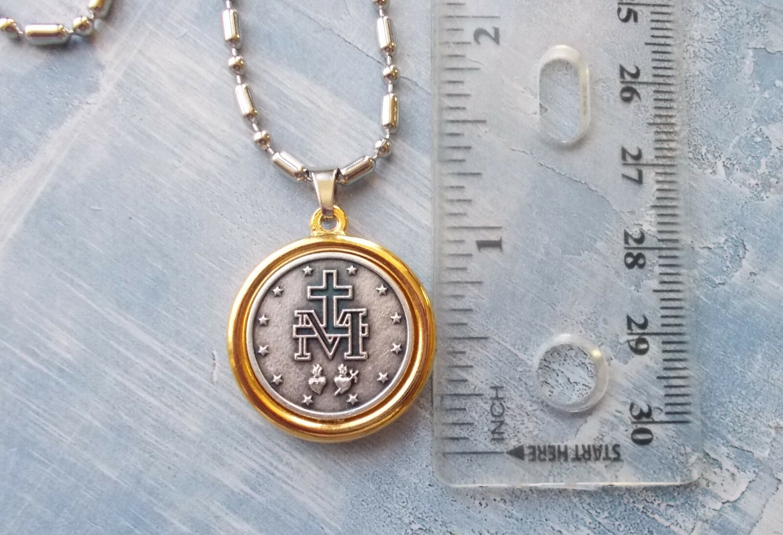 GORGEOUS Two tone Miraculous Medal pendant 1″ round~stainless steel chain~Italy