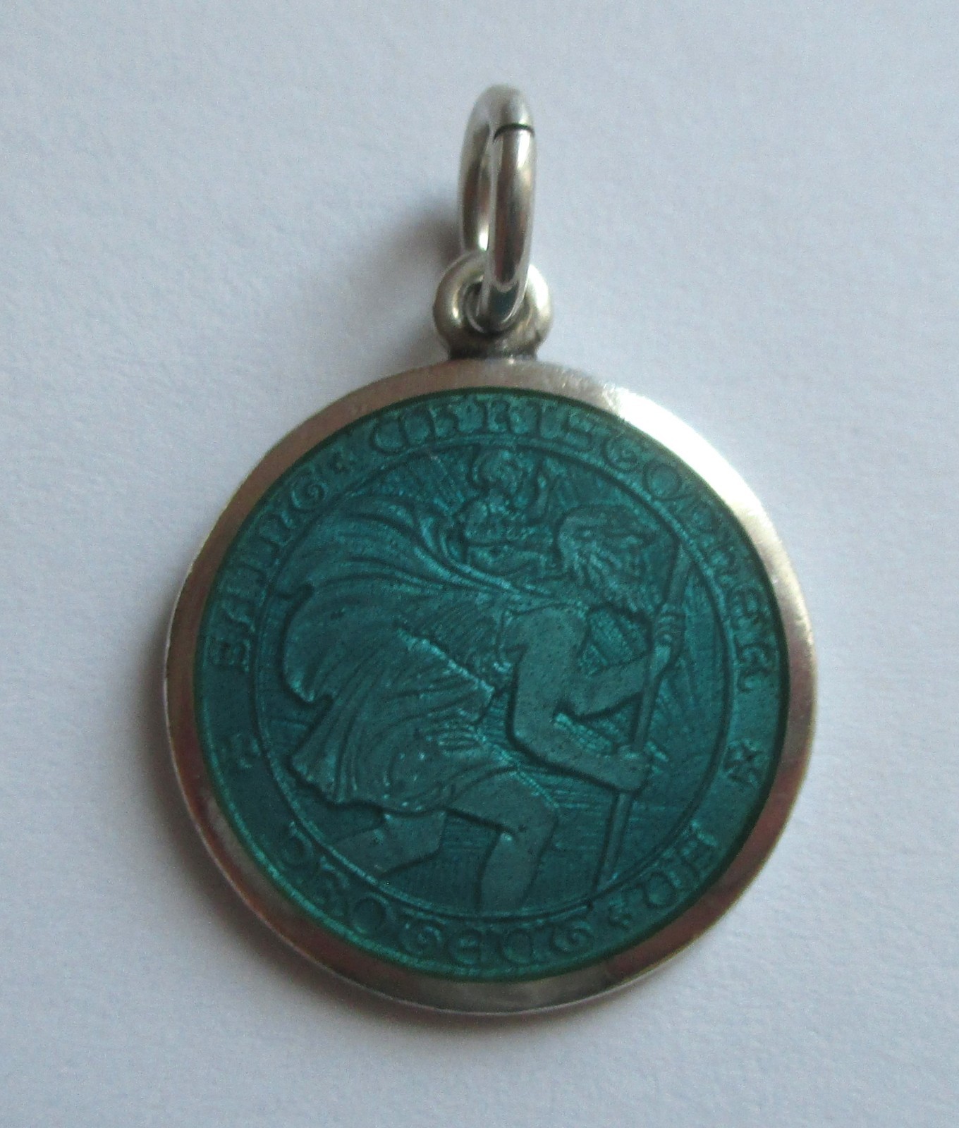 7/8in STERLING SILVER BLUE ENAMEL SAINT CHRISTOPHER MEDAL PENDANT Engraved Dated