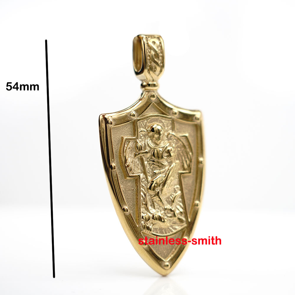Gold St Saint Michael Archangel Medal Medallion Pendant Necklace Stainless Steel