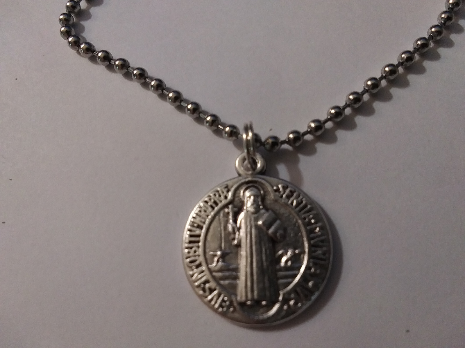 Italian Silver St Benedict Medal Necklace on USA stainless steel Ball Chain