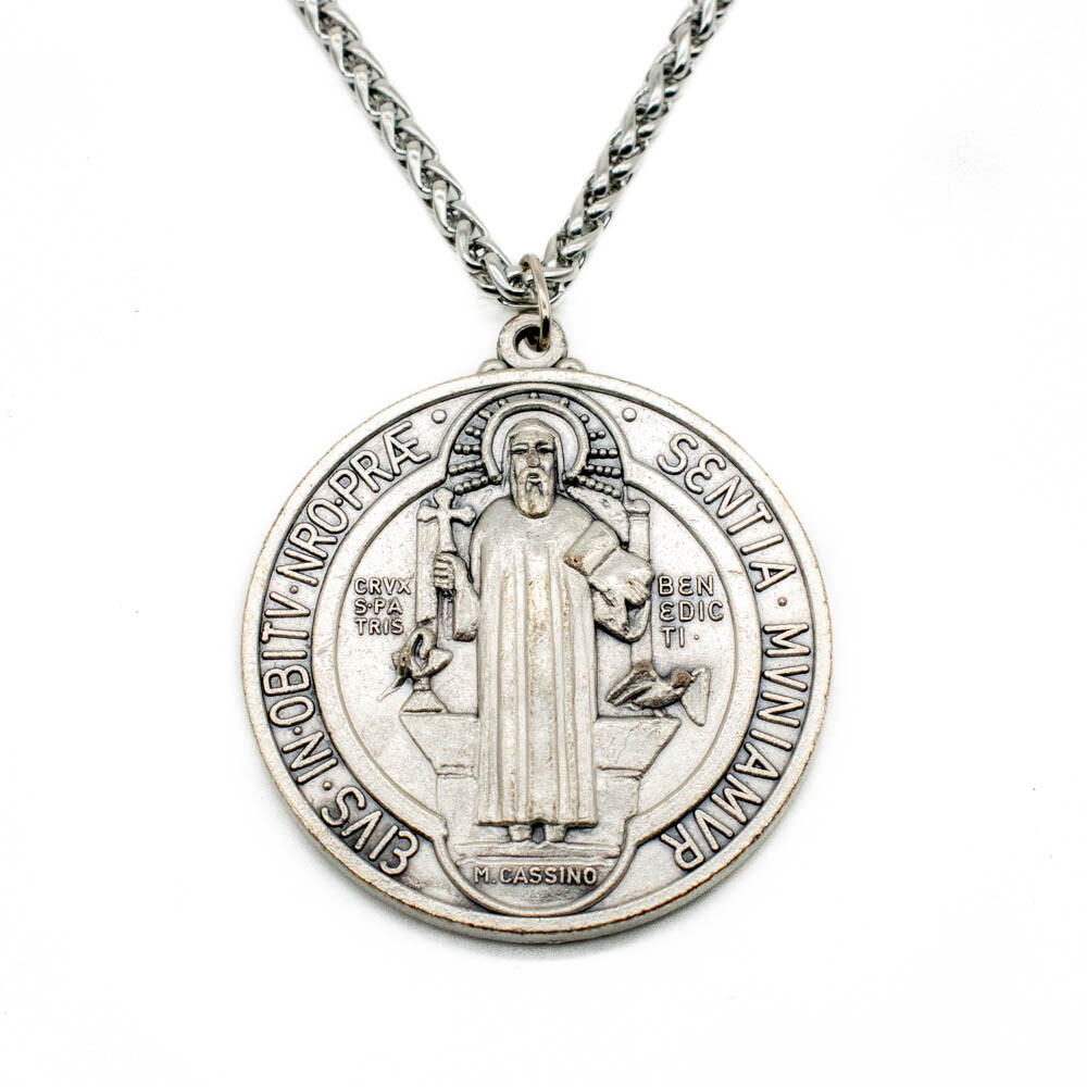 Extra Large 2″ Saint St Benedict Medal Italy Pendant Necklace w 24″ Spiga Chain