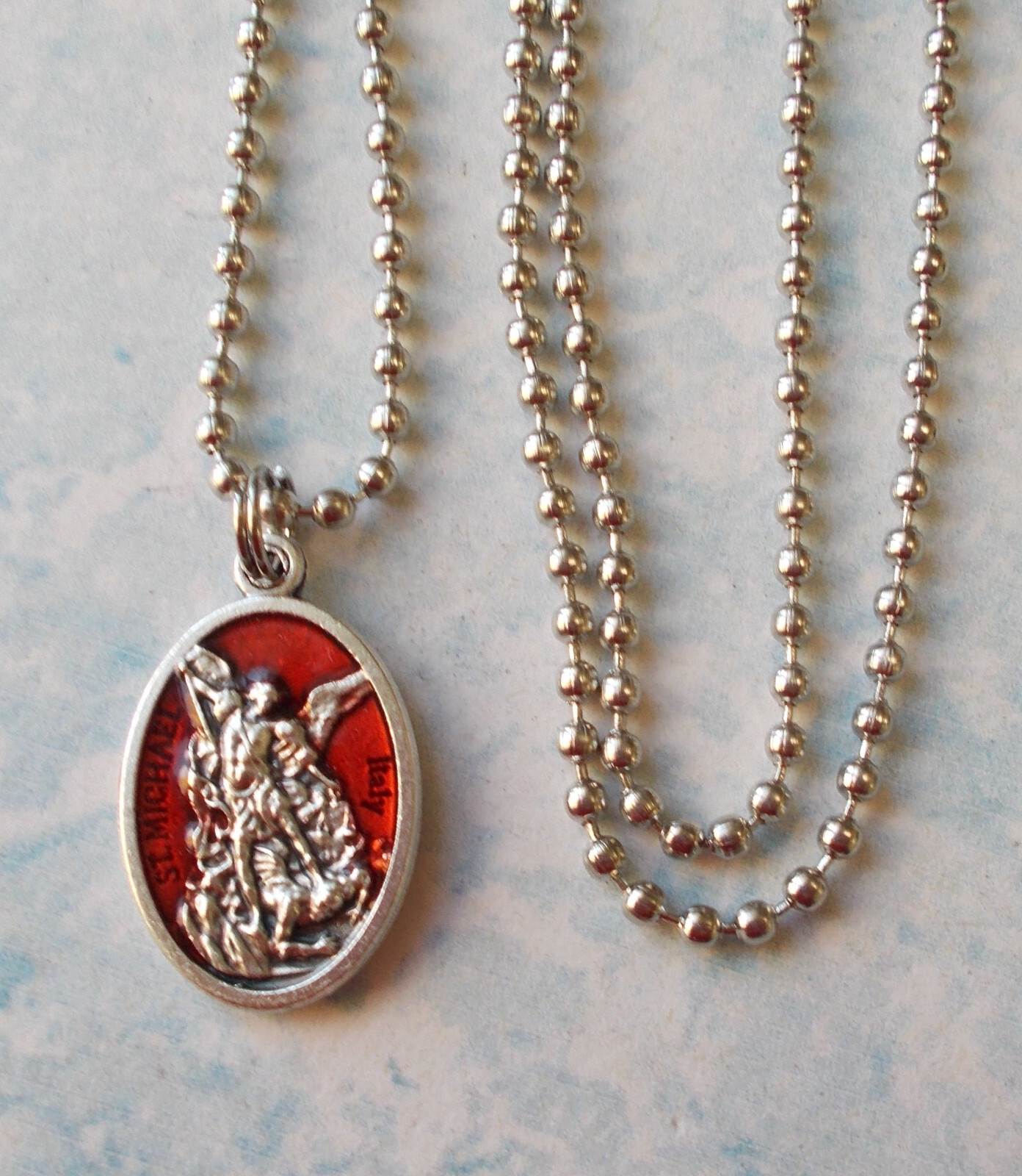 St Michael Archangel /Guardian Angel Medal w/ Red Enamel Necklace 24″ Ball Chain