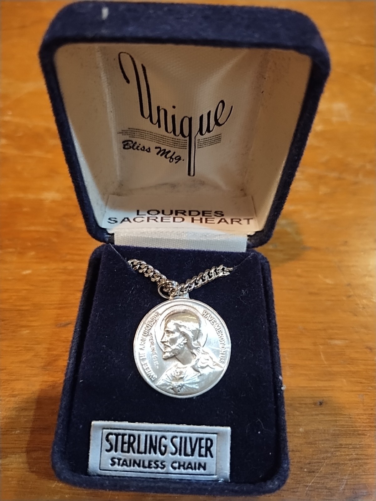 Bliss Sterling Silver Sacred Heart/Lourdes Patron Saint Medal + 20” Chain NOS