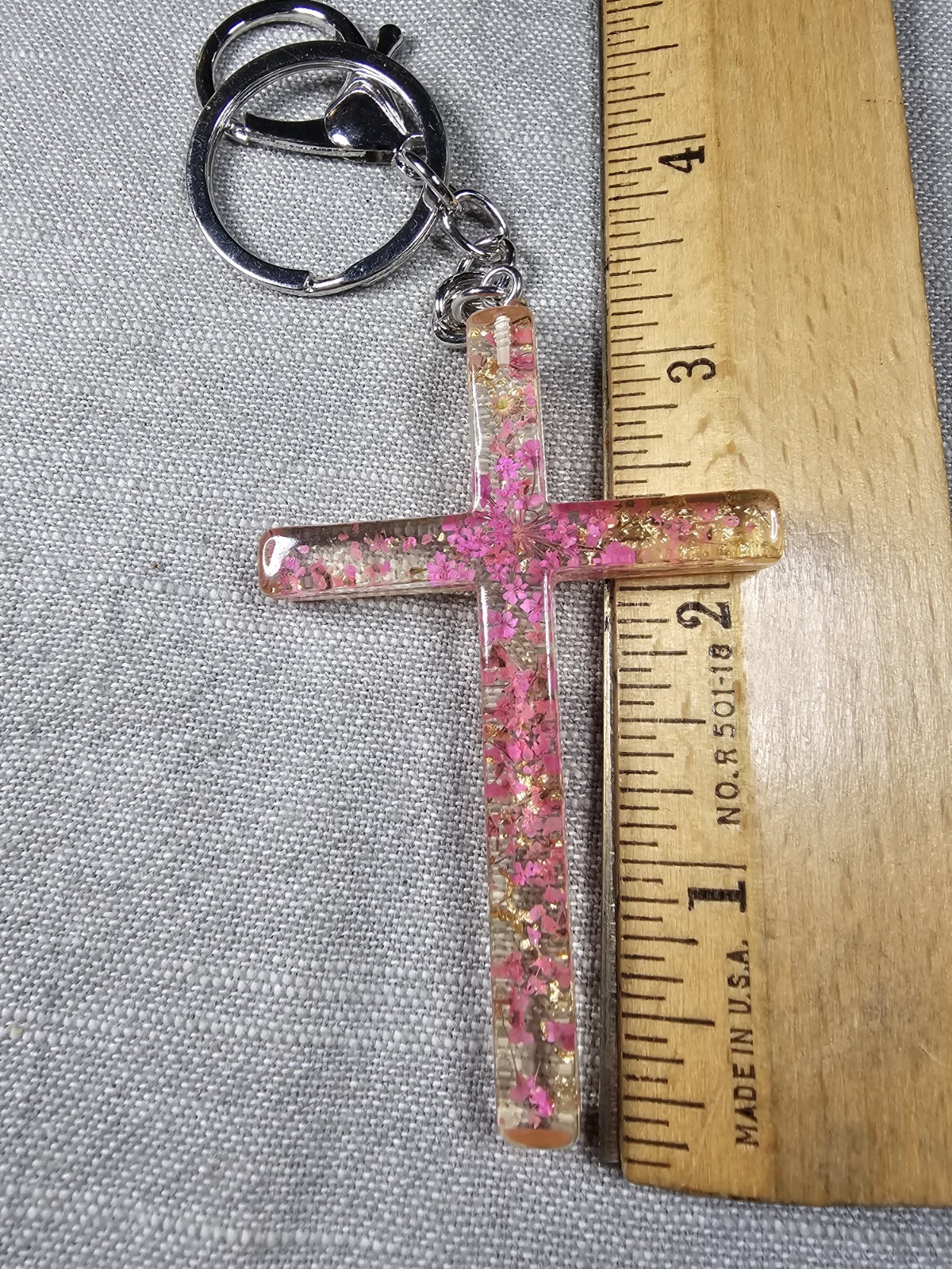 Vintage Keychain Jesus Cross Pink Acrylic Religious Christian D4