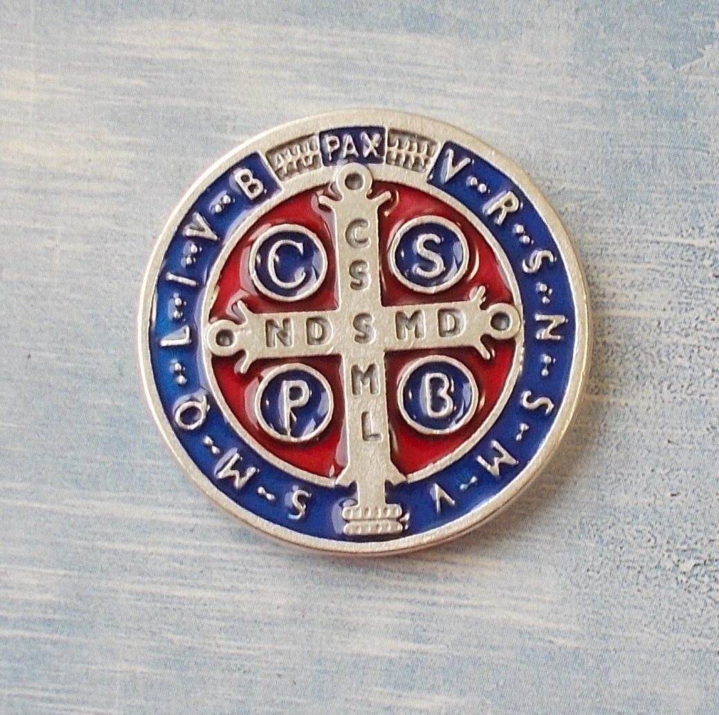 Rare St Benedict Pocket Token Protection 1-1/8″ Saint Medal ENAMEL Red/Blue