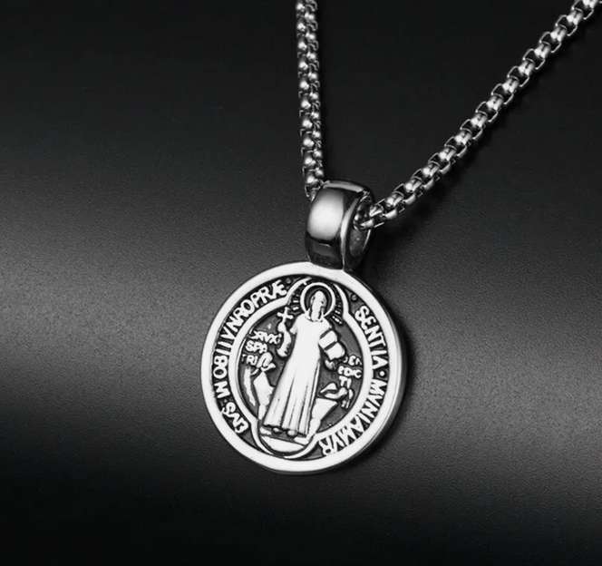 Saint St Benedict Medal Necklace Pendant Stainless Steel Crucifix Cross Exorcism
