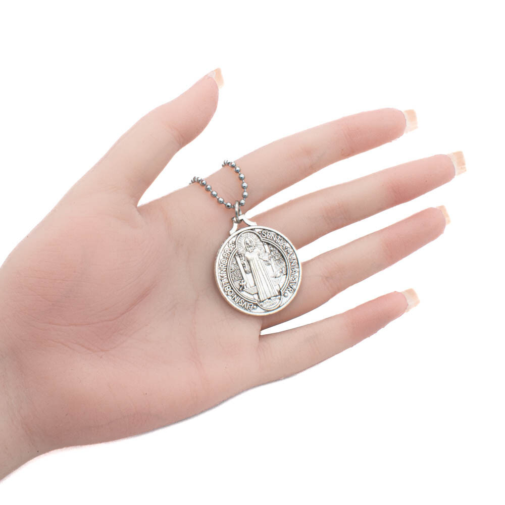 Saint St Benedict Medal Pendant Necklace 24″ Ball Chain Vintage Alloy Protection
