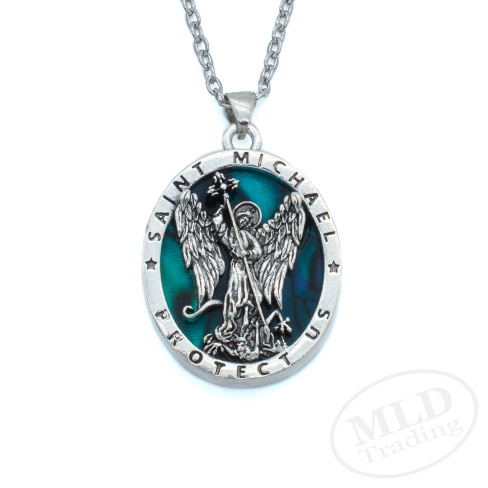 Saint St Michael Pendant Necklace, Religious Protector Medal, Alloy, 18″ Chain