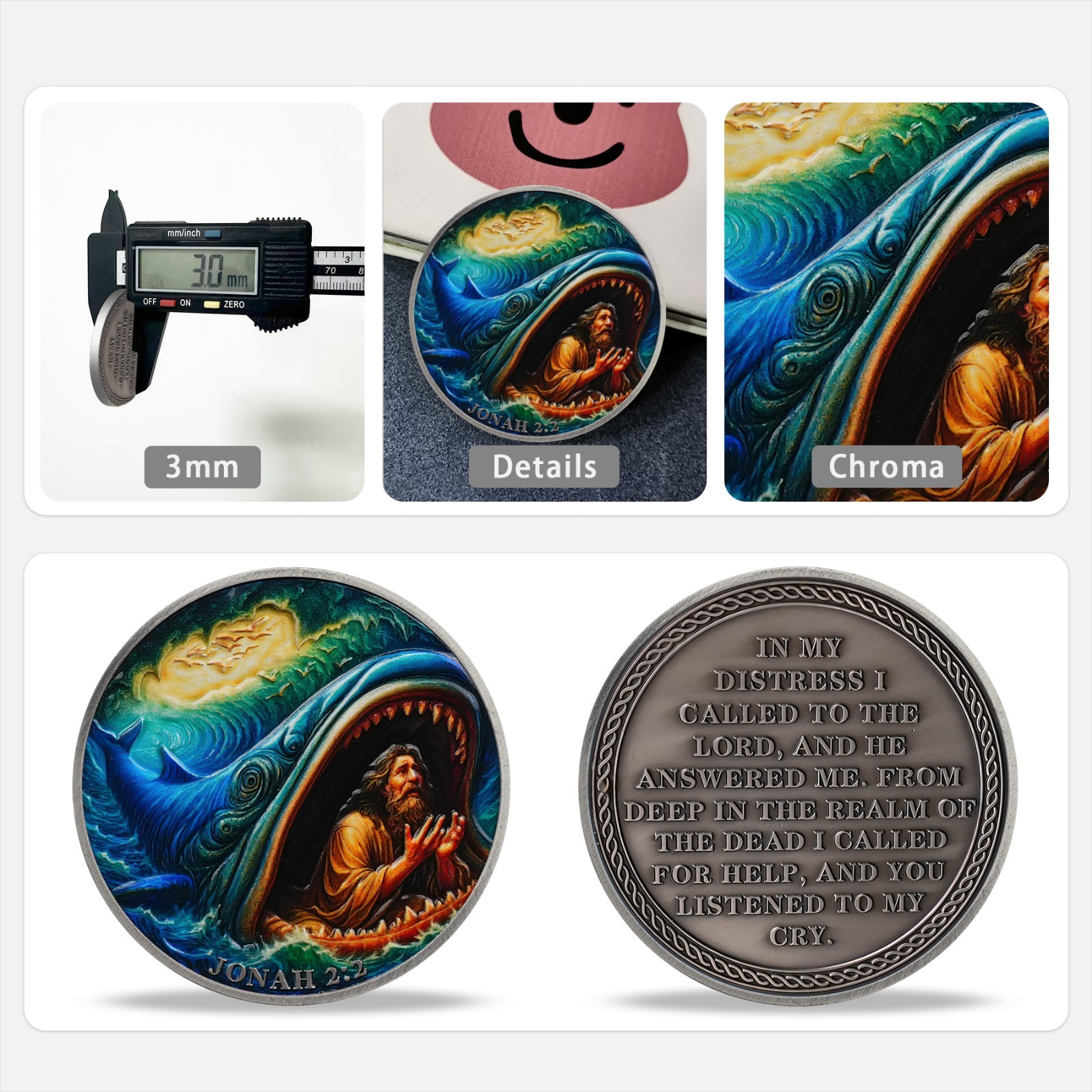 5pcs Jonah & Whale Challenge Coin Jonah 2:2 Verse Christian Religious Faith Gift