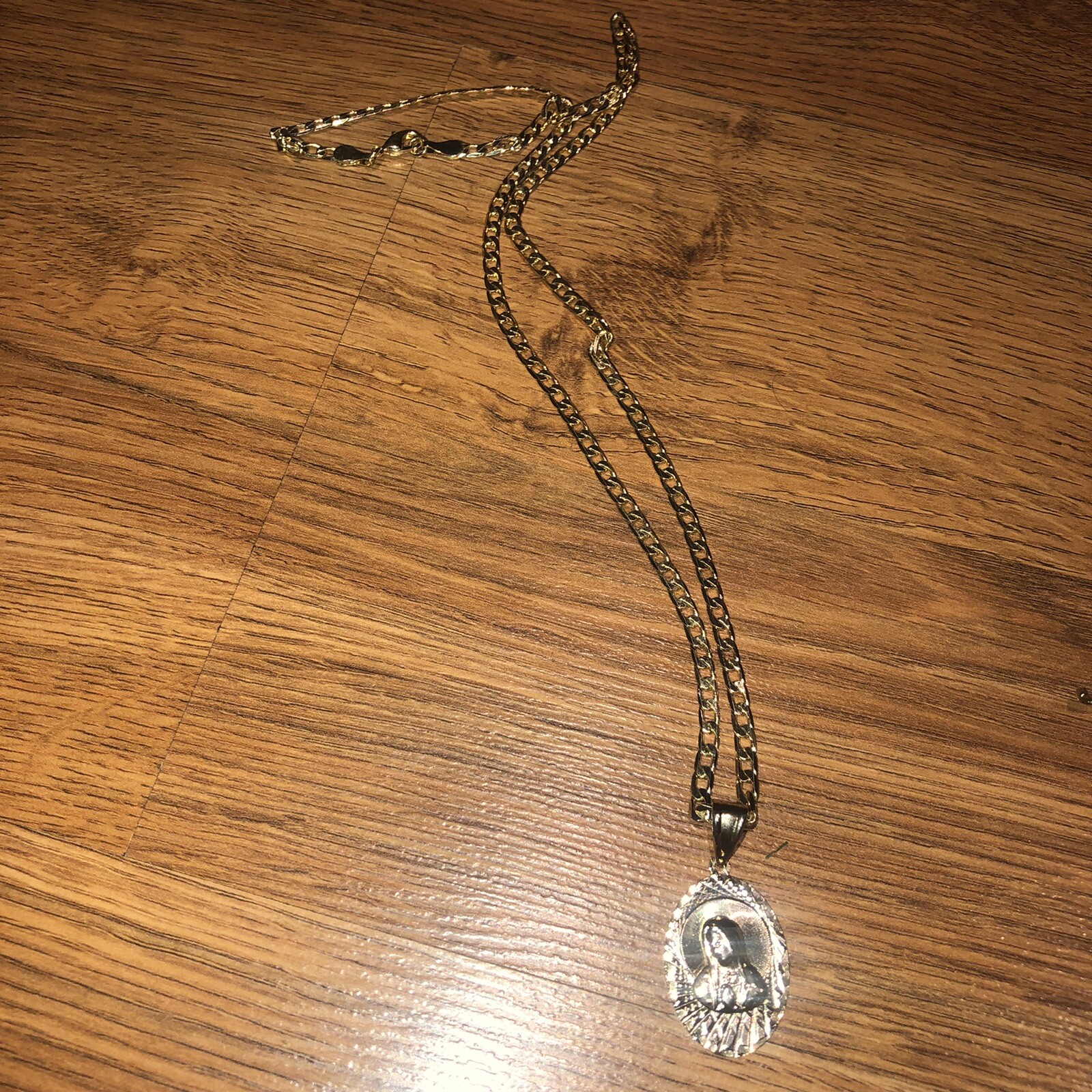 Gold Tone Oval Lady of Guadalupe Virgin With 24” Chain Catholic Medal Pendant