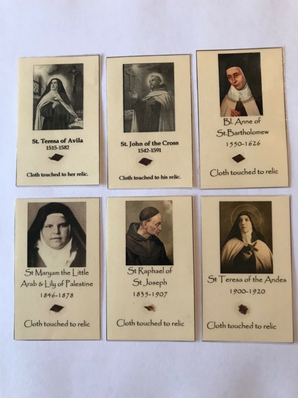 Catholic Carmelite Saints homemade relic Holy cards St Teresa John Cross Maryam
