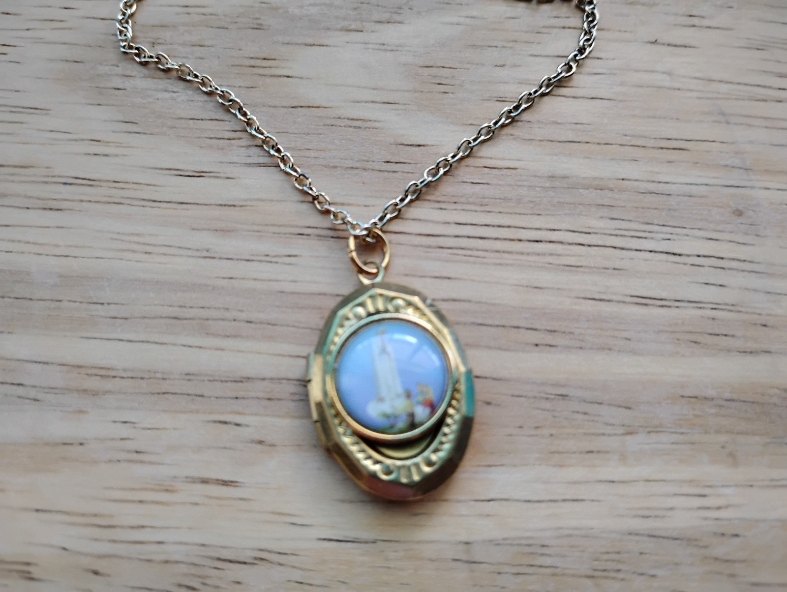 Gold Our Lady of Fatima Medal Locket Pendant necklace 14K gold plated chain