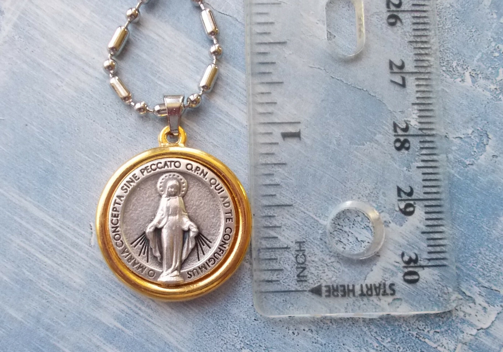 GORGEOUS Two tone Miraculous Medal pendant 1″ round~stainless steel chain~Italy