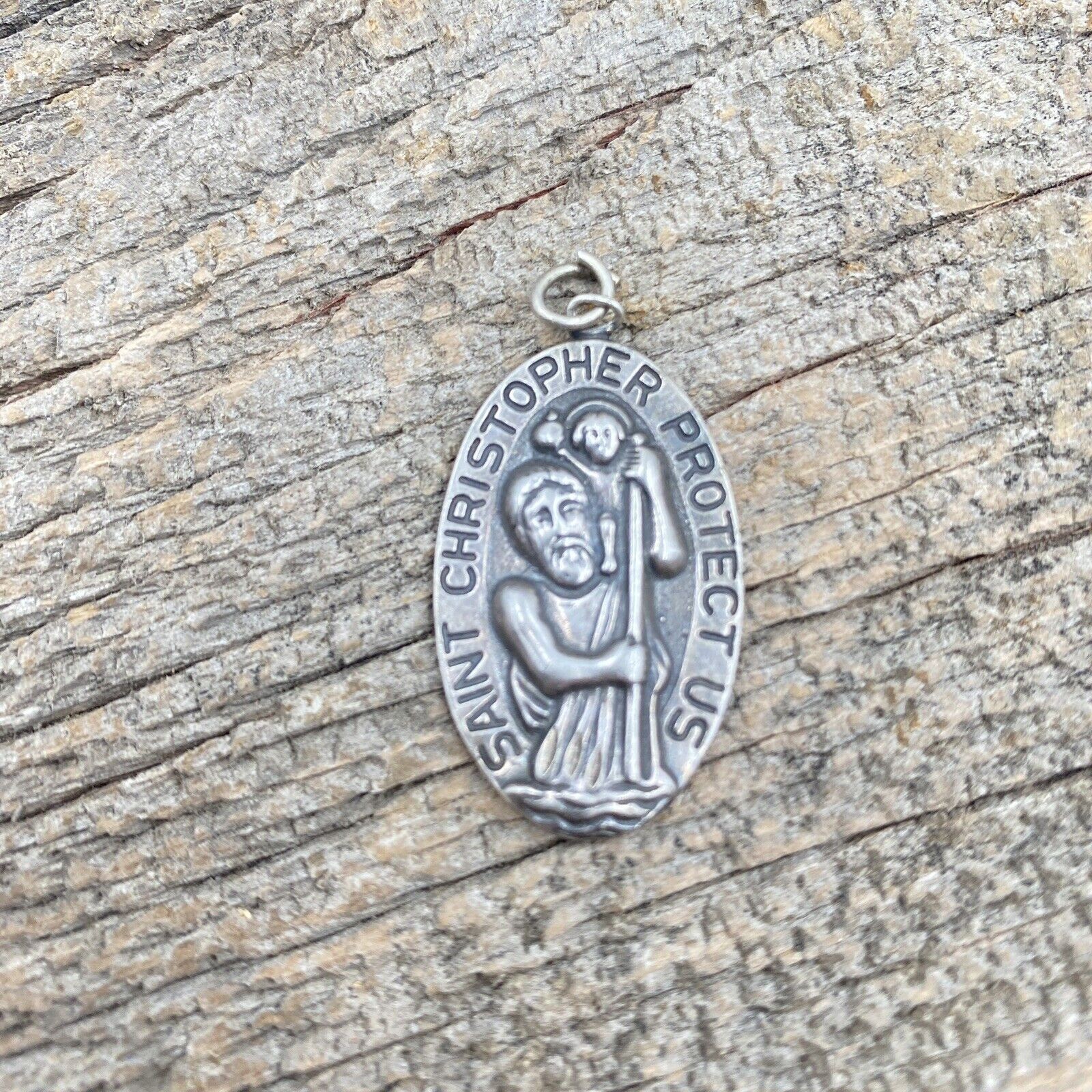 925 Sterling Silver Oval Saint Christopher Protect Us Pendant 6 grams Saint