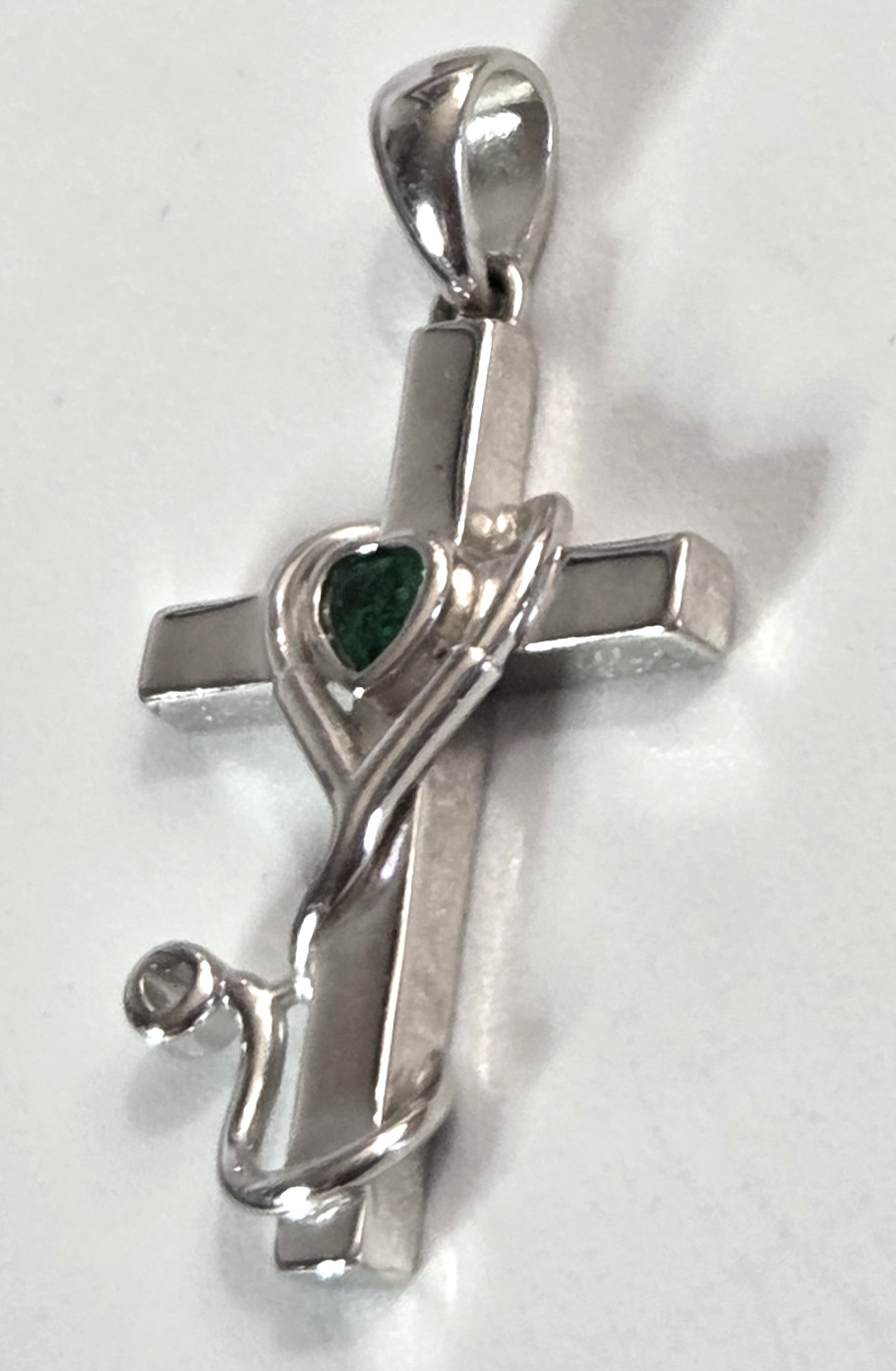 Sterling Silver 925 CROSS Pendant Nurse/Doctor STETHOSCOPE w/Green Stone