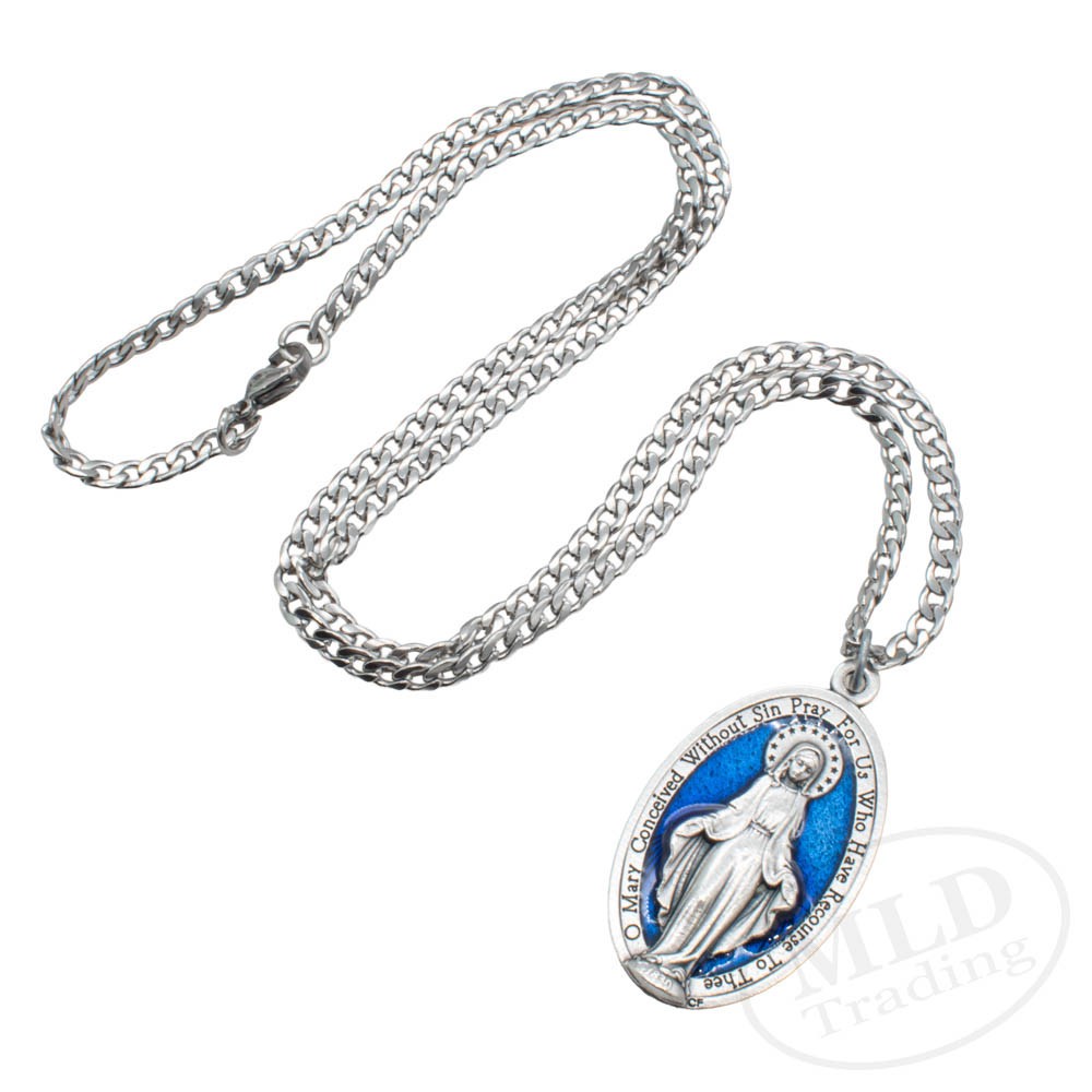 Large 1 3/4″ Blue Miraculous Medal Mary Pendant Necklace Italy w 24″ Curb Chain
