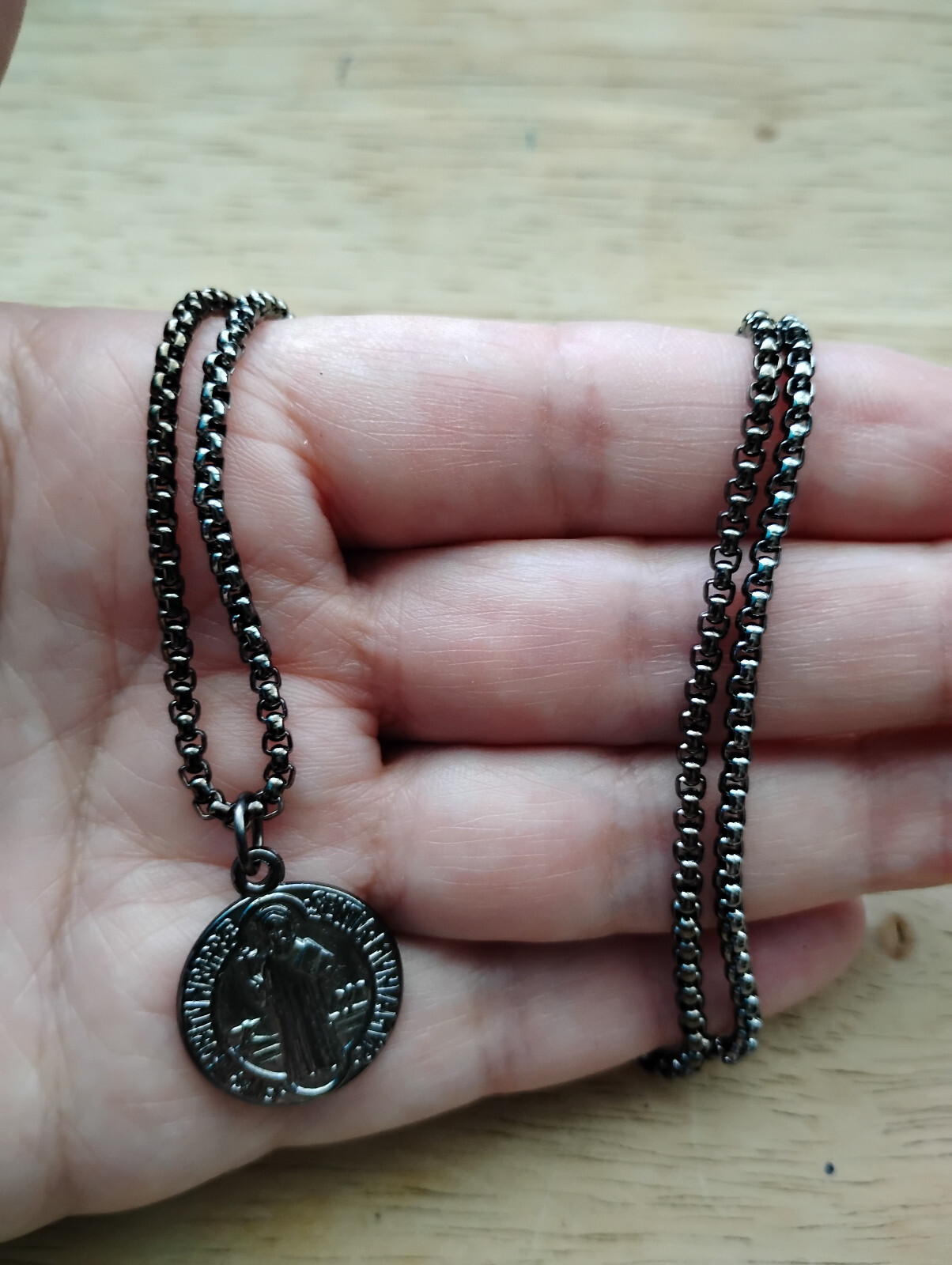 Italian Black Gunmetal St Benedict Medal Necklace Stainless steel Rolo Box Chain