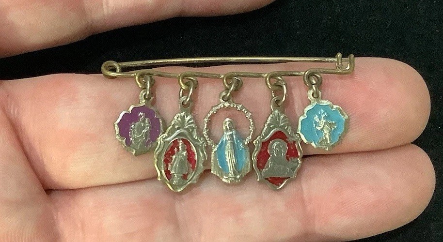 Vintage Set Of 5 Religious Medals On Pin Holder Silver Tone & Multi Colored Nice