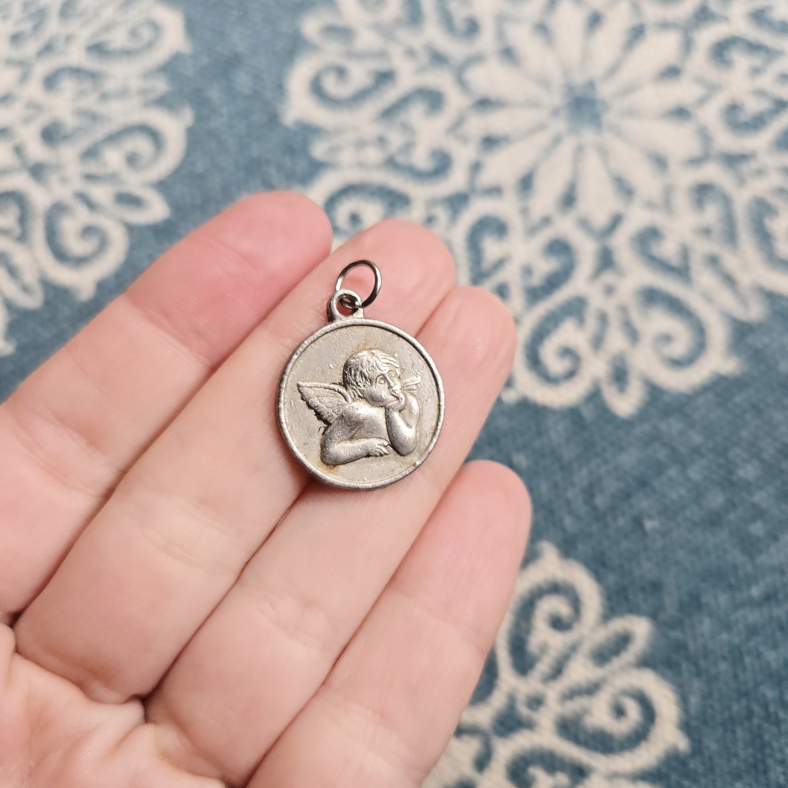 Vintage Silver Grey Angel Medallion Medal Coin Pendant