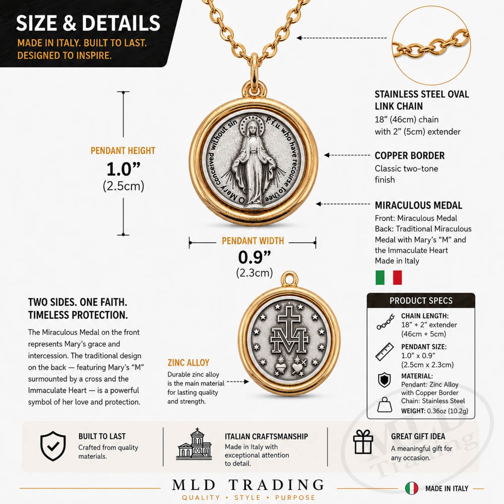 Miraculous Medal Pendant Necklace Catholic Marian Made in Italy 18″ Chain