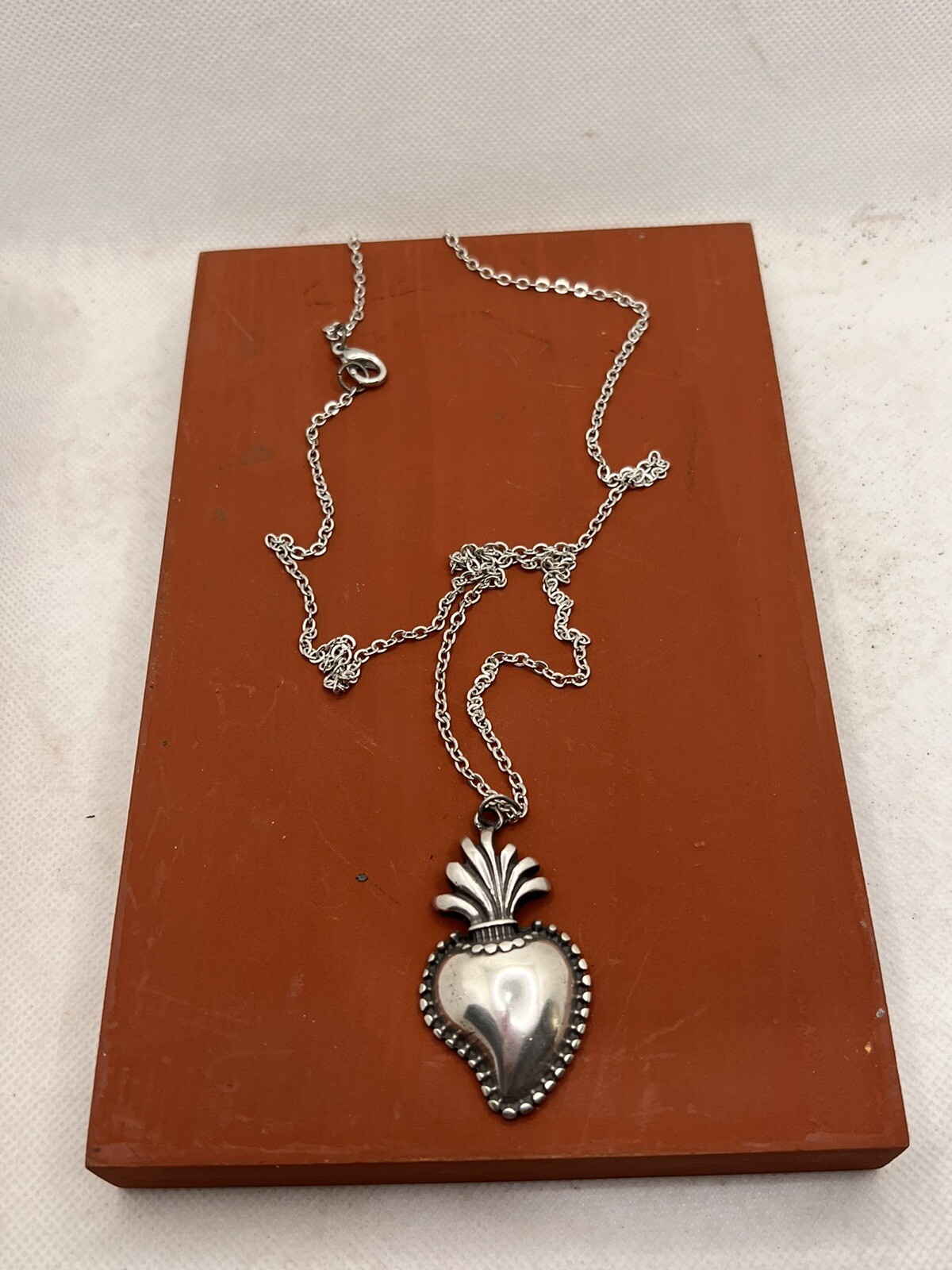 Vintage Miracros Silver Bath Metal Ex Vote Heart Necklace 4.5×2.5cm