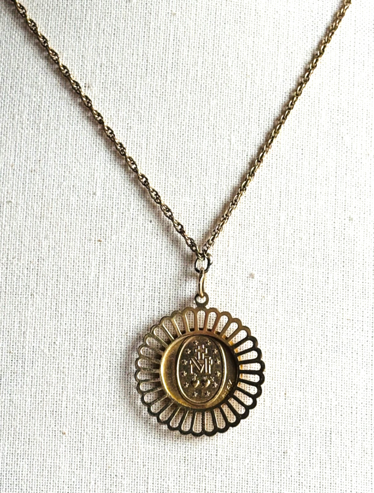 Vintage A Co 14K Gold Miraculous Mary Medal Pendant on 18″ 10K Gold Chain 1960s
